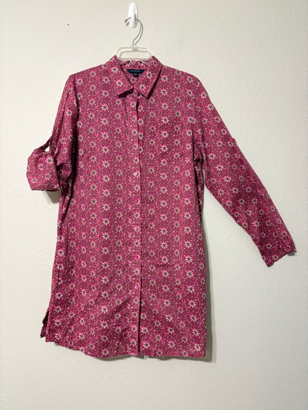 Lands’ End Pink Floral Medallion Print Lightweight Cotton Button Front Mini Dres